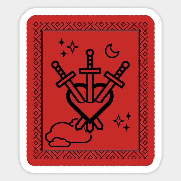 Tarot Card - Three of Swords - Black Sticker by ballhard